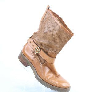Michael Kors Womens Sz 7.5 Daria Luggage MK Logo Perforated Brown Leather Boots